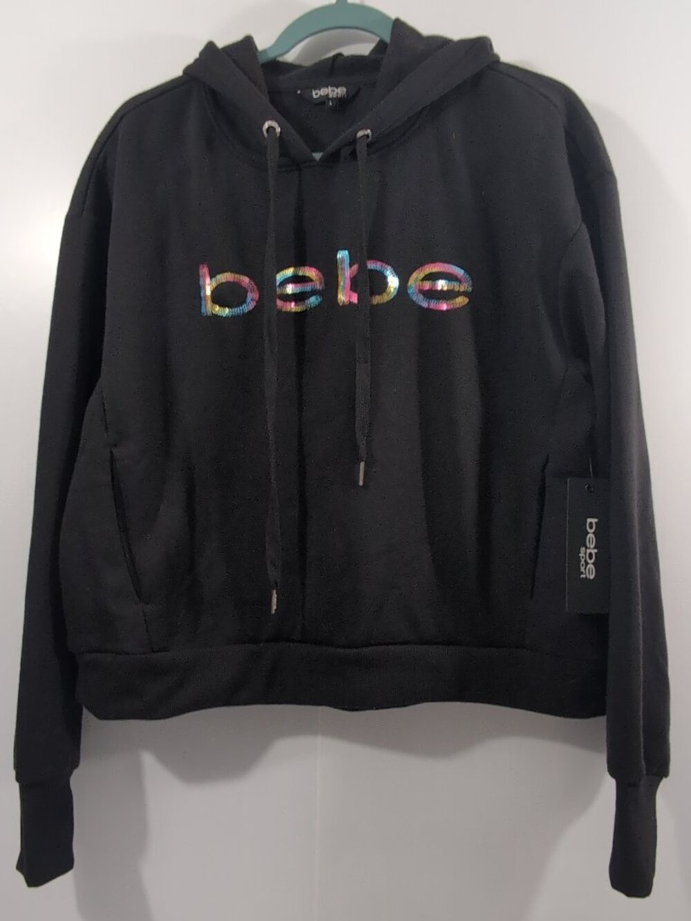 NWT Bebe Sport Black Hoodie Sweatshirt Rainbow Sequin Iridescent Logo Women’s L